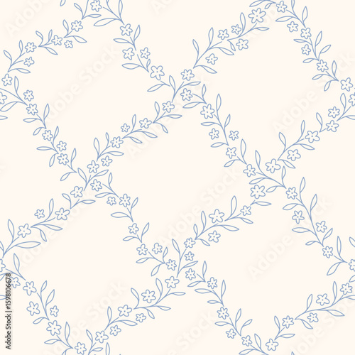 Hand drawn floral seamless lattice pattern with a charming whimsical cottage core design. Soft blue, pastel, and nostalgic trellis print. Perfect for textiles and romantic vintage-inspired decor.