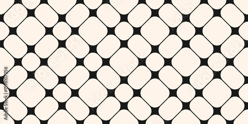 Simple vector seamless pattern with geometric lattice, grid, rounded mesh.  Black and white background with nodes, lines, net. Repeat ornament texture in modern style. Design for decor, print, textile