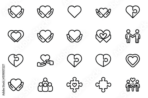 Collection of Linear Icons Representing Love, Connection, and Support in Various Contexts with a Minimalist Design