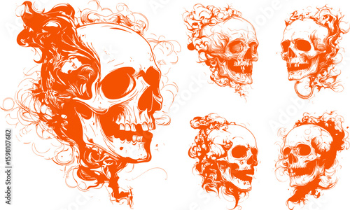 Skull with smoke color ink sketch vector set. Human bone head remain cranium open mouth sinister occult phantom breath haunting monochrome death horror smoking grim reaper isolated illustration