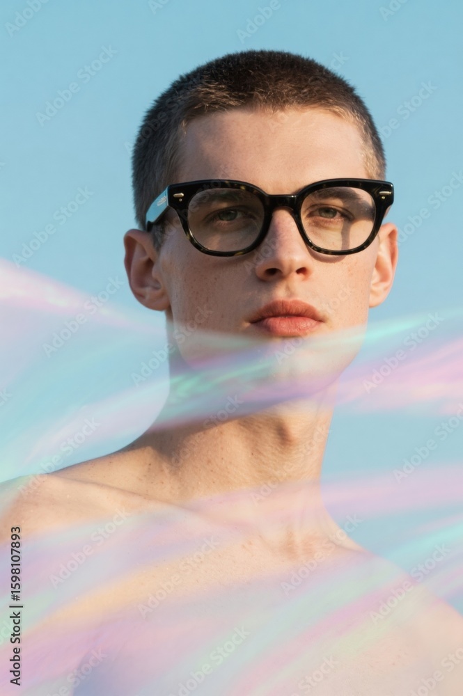 Young man with short dark hair wea large black glasses looking into the distance against a clear blue sky with colorful light streaks Young man with short dark hair wea large black glasses looking into the distance against a clear blue sky with colorful light streaks