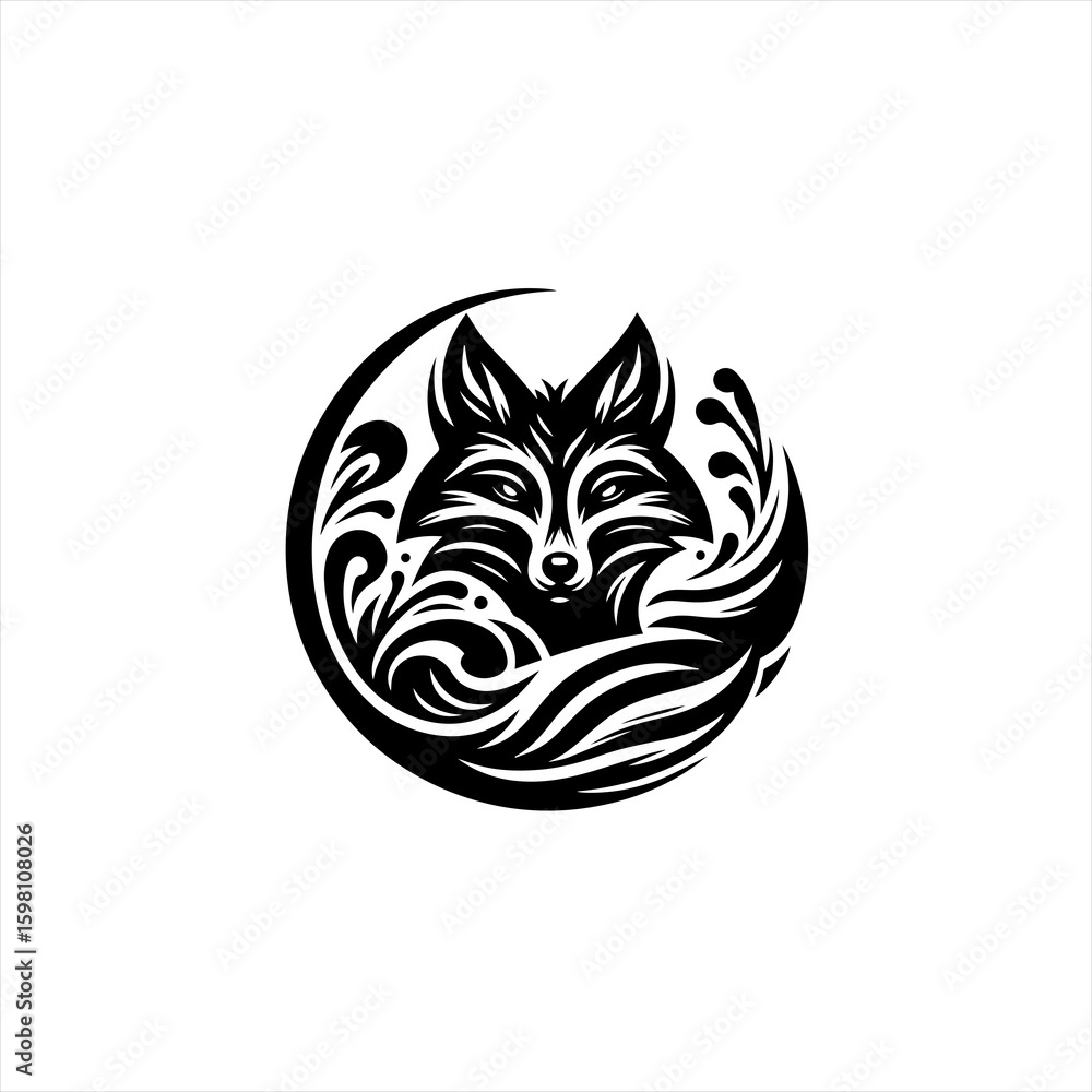 Fototapeta premium Stylized black fox head with swirling ornaments in a circle