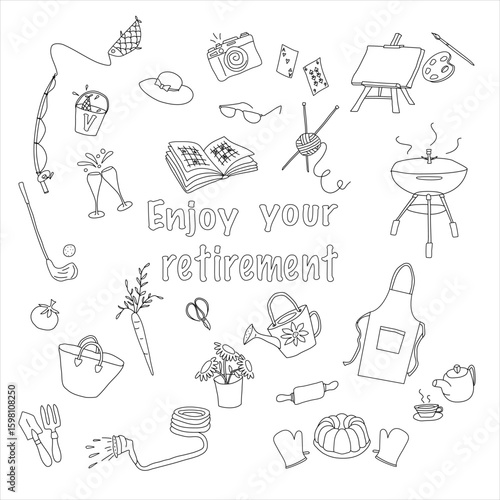 Set of active activities for pensioners. Hand drawing  doodle vector different activities for pensioners women or pensioners men.