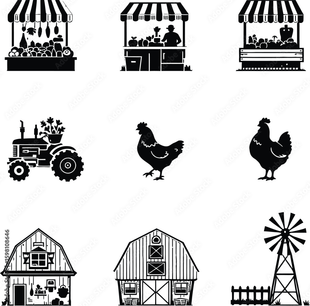 Naklejka premium Black and white farm elements including market stands tractor chickens barns and a windmill illustration