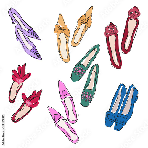 Set of modern design women's shoes with rhinestones. Vector sketch. Hand drawing for printing on fabric, packaging, textiles.