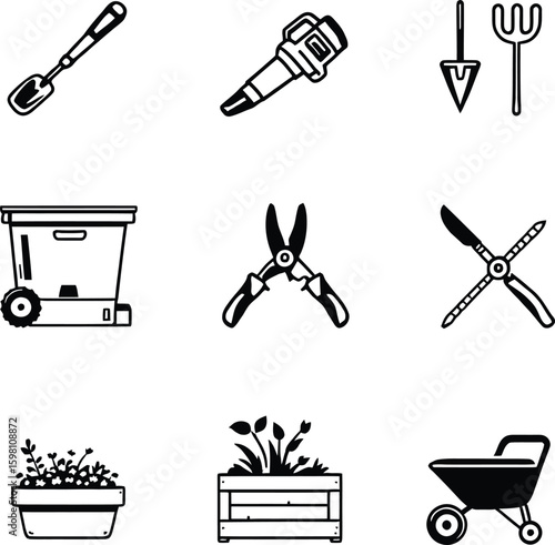 Collection of gardening tools including shovel, blower, planters, and wheelbarrow in black and white