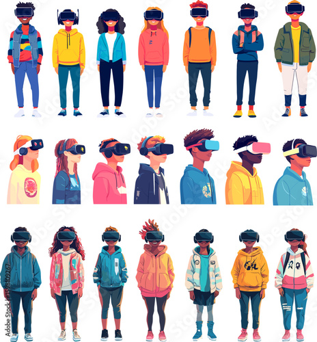 Teenagers vr headsets cartoon vector set. Boys girls virtual reality gaming immersive futuristic fun group crowd characters positive standing together, activity digital multiplayer cyber adventure