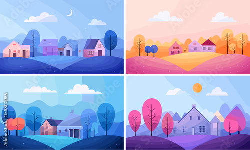 Tiny houses landscape cartoon vector set. Cozy cottages rural scenery green hills peaceful stone village pathways wooden fences flower gardens misty mornings thatched roofs cobblestone countryside