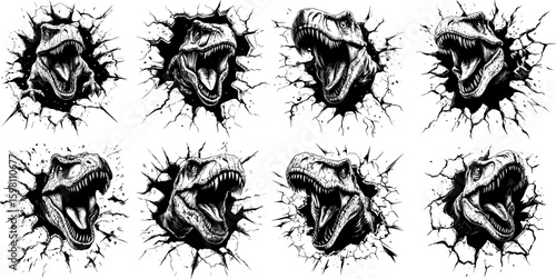 Trex concepts black ink sketch vector set. Angry fangs open mouth furious scaled lizard raptor tyrannosaurus hole crawls out, predator giant reptile dinosaur hunter creature animal isolated