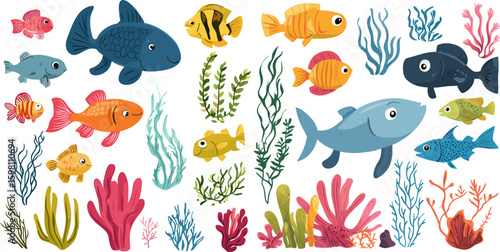 Underwater animals cartoon vector set. Corals algae ocean fish world sea tropical reef aquatic fauna marine species, isolated illustrations on white background