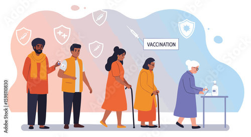 Diverse people group queue vaccination for immunity healthcare and protection