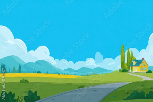 Sunny landscape with a yellow house.  A wide, flat, grassy field stretches to a low mountain range, dotted with trees and a small, 