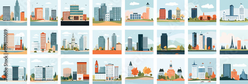 Urban modern architecture cityscape buildings flat vector set. Downtown streets skyscrapers metropolis life concrete facades zones public spaces plazas bridges aerial view rooftops isolated art