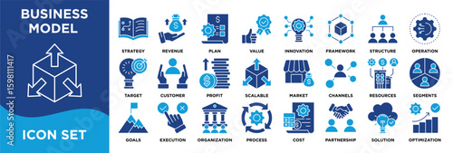 BUSINESS MODEL icon collection set. Containing strategy,revenue,plan,value,innovation,framework,structure,operation,target,customer icon. dual tone vector.