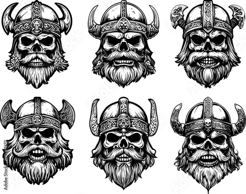 Viking skulls black ink sketch vector set. Horns helmet armour beard cranium skeleton, dead bone human head remains, norseman ancient scandinavian raiders marauders berserker norse zombies