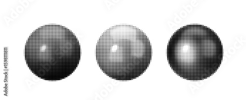 Halftone sphere vector illustration featuring three abstract dotted circles. Perfect for retro, pop art, and graphic design projects. Trendy, minimalist black and white design.