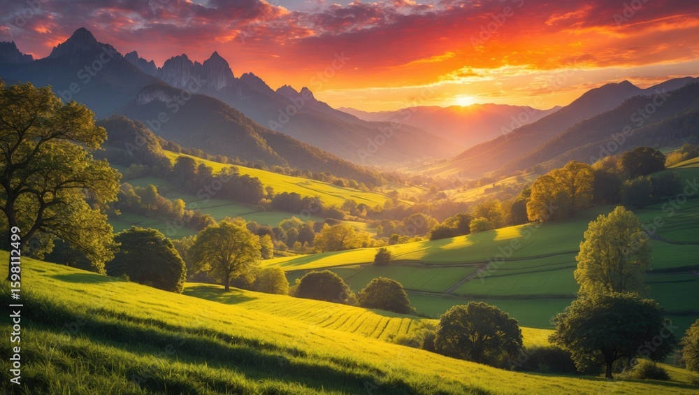 Obraz premium Vibrant landscape of mountains, lush green hills, and trees at sunset with warm sunlight and colorful sky.