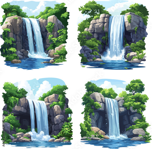 Waterfalls cascading torrents cartoon vector set. Cliffs rocky turquoise pools drops crystal water lush jungle nature power hidden oasis canyons tropical paradise spray lagoon forest backdrop