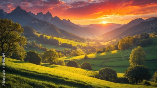 Wallpaper Mural Vibrant landscape of mountains, lush green hills, and trees at sunset with warm sunlight and colorful sky. Torontodigital.ca