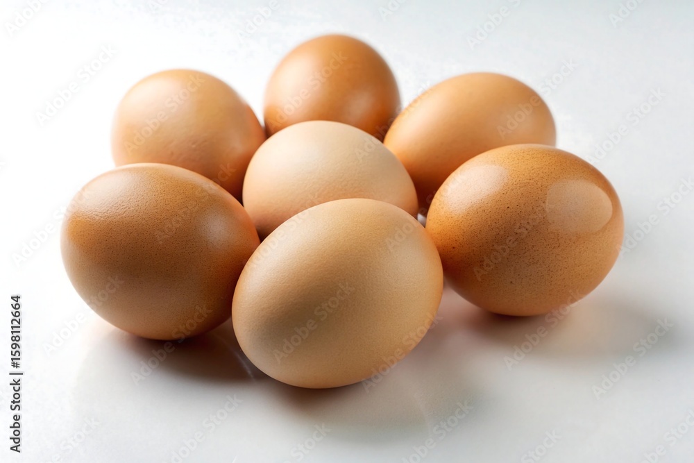 Photo of a group of fresh brown eggs clustered together on a white background Photo of a group of fresh brown eggs clustered together on a white background