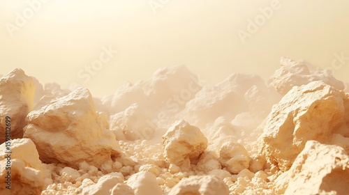 Exploring Rocky Terrain Groundscape of Light Orange Hues with Atmospheric Mist