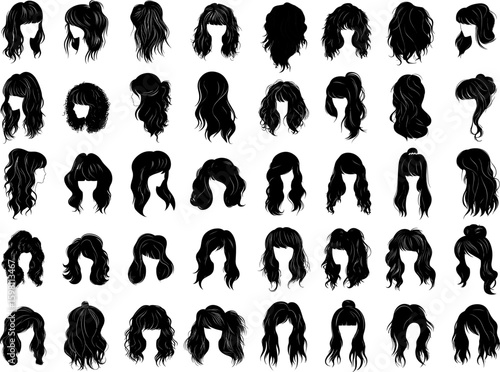 Woman different hairstyles monochrome black vector set. Updos hairdos long hair, curls female buns ponytails, fashion girl silhouettes haircuts isolated illustrations on backdrop
