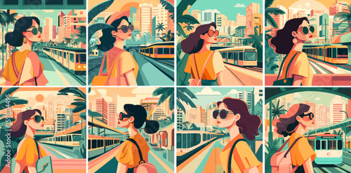 Woman traveler backpack cartoon scenes. Female exploring adventure train megapolis glasses cityscape landscapes cultural immersion solo journey road trip photography memories hostel life trips