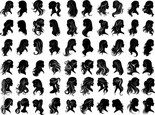Women hairstyle avatars black ink vector set. Female haircuts bobs sleek ponytails curly afros edgy undercuts braided crowns hues voluminous knots curls twisted half up styles isolated