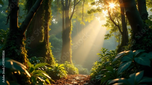 A magical, enchanted forest with golden sunbeams streaming through the lush green canopy. A mysterious path leads through the vibrant, ancient woods.