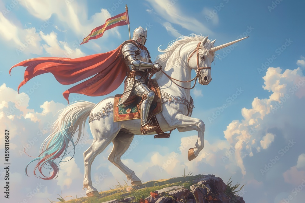 Naklejka premium An armored knight sits astride a majestic white unicorn, a banner held high against a cloudy sky.