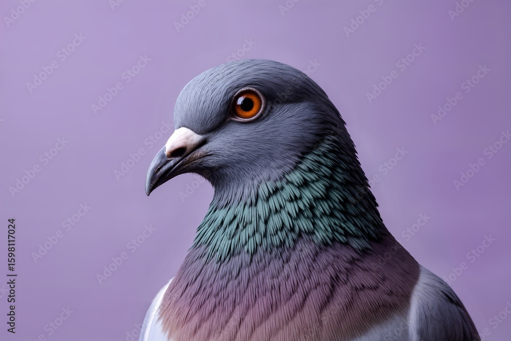 Fototapeta premium Ultra-realistic close-up of a pigeon's head, intricate details of the eye (orange iris, black pupil), textured wattle, subtle variations in feather color around the neck, soft focus on the body