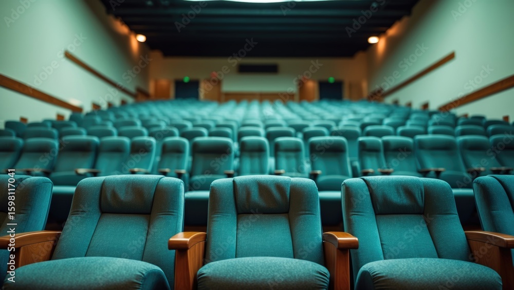 Naklejka premium Empty auditorium with rows of teal chairs facing the stage. The setting appears calm and ready for an event.