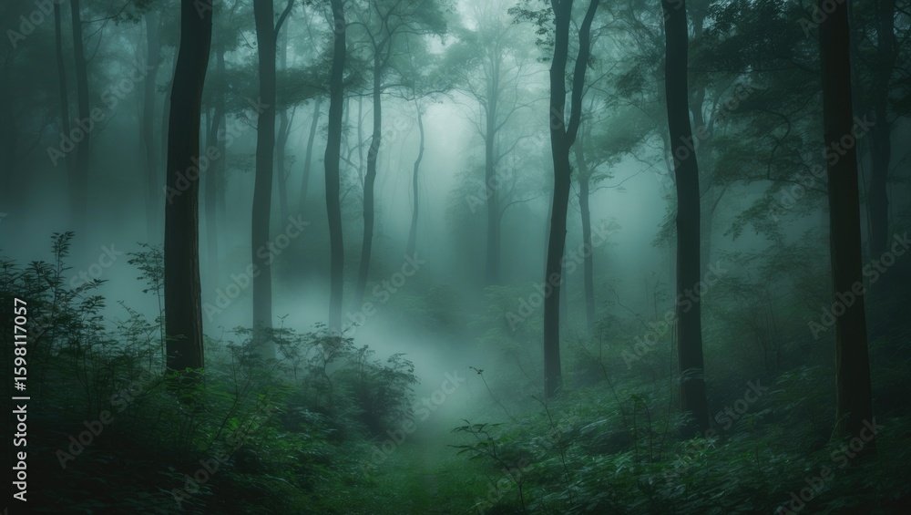 Naklejka premium A misty forest path with tall trees enveloped in fog, creating a mysterious and tranquil atmosphere.