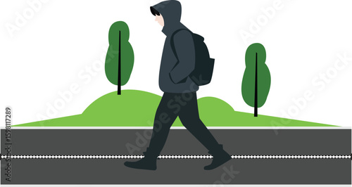 Businessman working on laptop bag walking going office silhouette with cartoon style and green background illustration