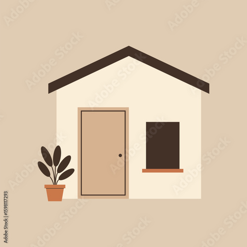 Minimalist house illustration with a potted plant. A simple and cozy home concept in a flat design style.