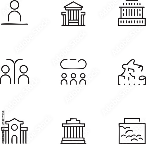 Government and politics vector icon set minimalist,outline style democracy,people,politics,law,elections,buildings,parliament,monument,leadership,community,constitution icon set