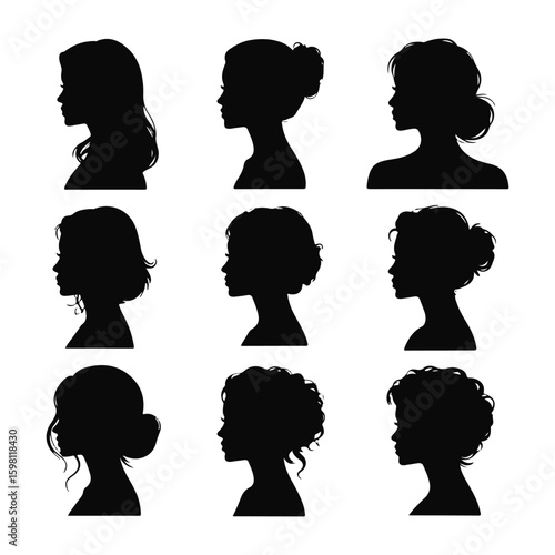 Diverse Woman Hair Style Silhouettes Collection Bun, Wavy, Curly and Elegant Updos