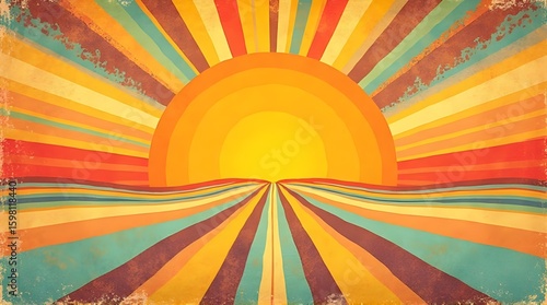 Beautiful retro sunburst background.60s,70s old fashioned.Vintage striped backdrop with a sun.Colourful design.