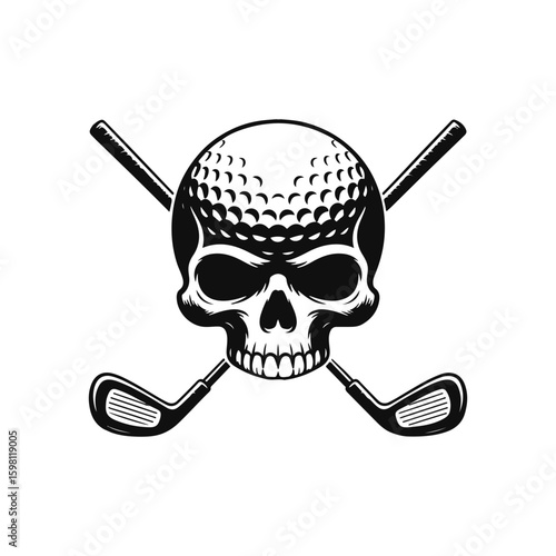 Golf Ball Skull and Crossed Golf Clubs Black and White Illustration
