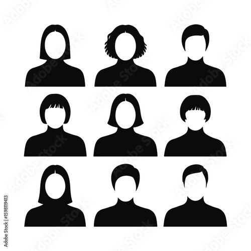 Nine Silhouette Portraits of People Wearing Turtlenecks with Varied Hairstyles in Black