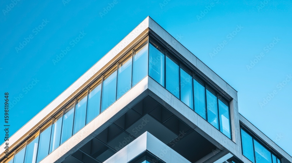 Fototapeta premium Modern glass and concrete office building against a clear blue sky.