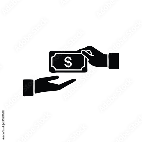 Black silhouette illustrates a hand giving a dollar bill to another outstretched hand with transparent background