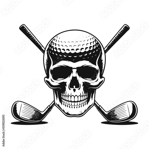 Skull with Golf Clubs Isolated, Black and White Golfing Death
