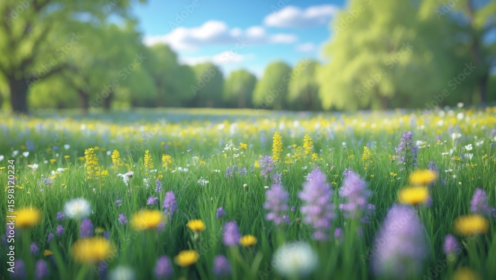 Fototapeta premium A lush green field with colorful wildflowers and trees under a partly cloudy sky. Nature scene with vibrant colors and a peaceful landscape.
