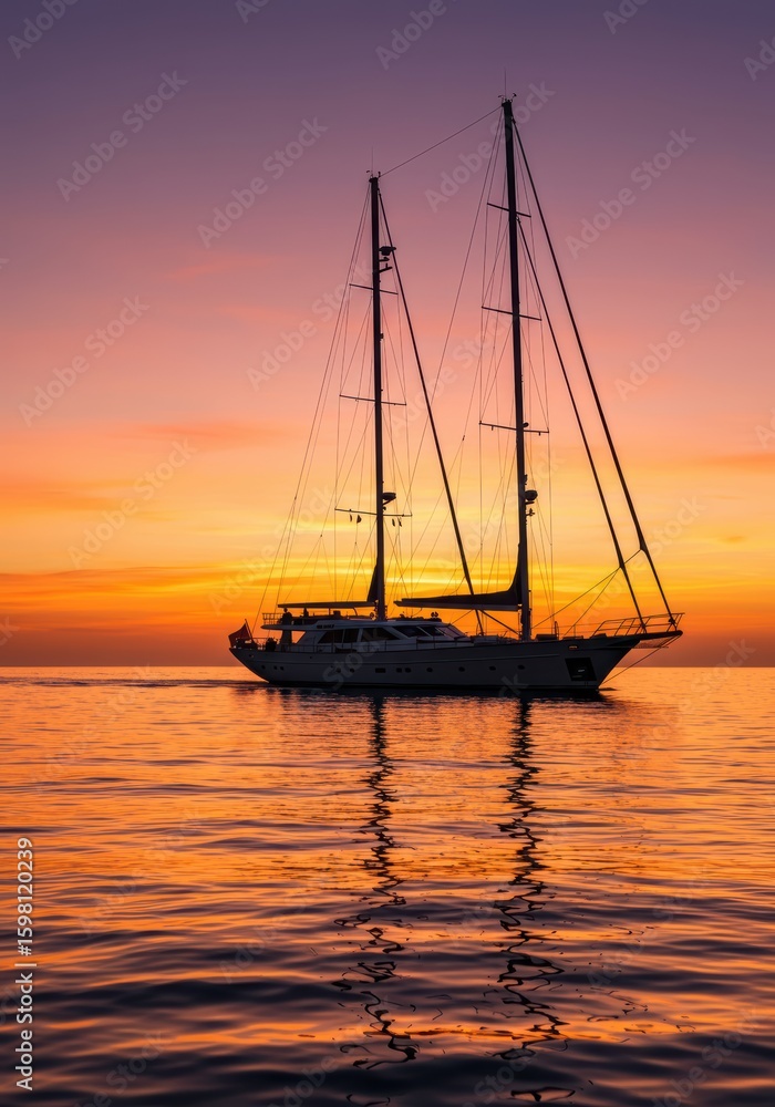 Fototapeta premium A sailboat silhouetted against a vibrant sunset on the water, with reflections creating a serene scene.