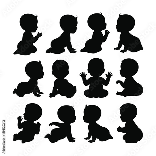 Twelve Black Baby Silhouette Illustrations Displaying Different Positions and Movements on White Background