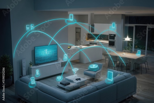 Modern home with connected devices.  Wireless network connecting smart devices throughout a living space at night