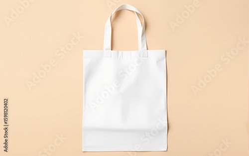 Blank white tote bag on a beige background. High quality