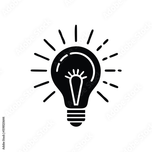 Glowing black lightbulb emits radiant light against a transparent backdrop, symbolizing bright ideas