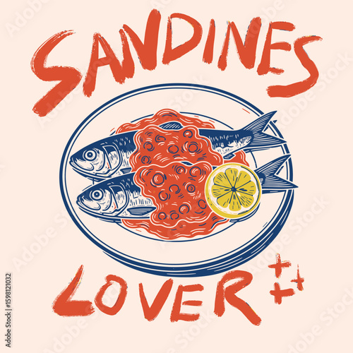 Sardines splash lover. Vintage sardines artwork with tomato and lemon. Sardines fish artwork for t shirt print, poster, sticker and other uses. Seafood t shirt design.